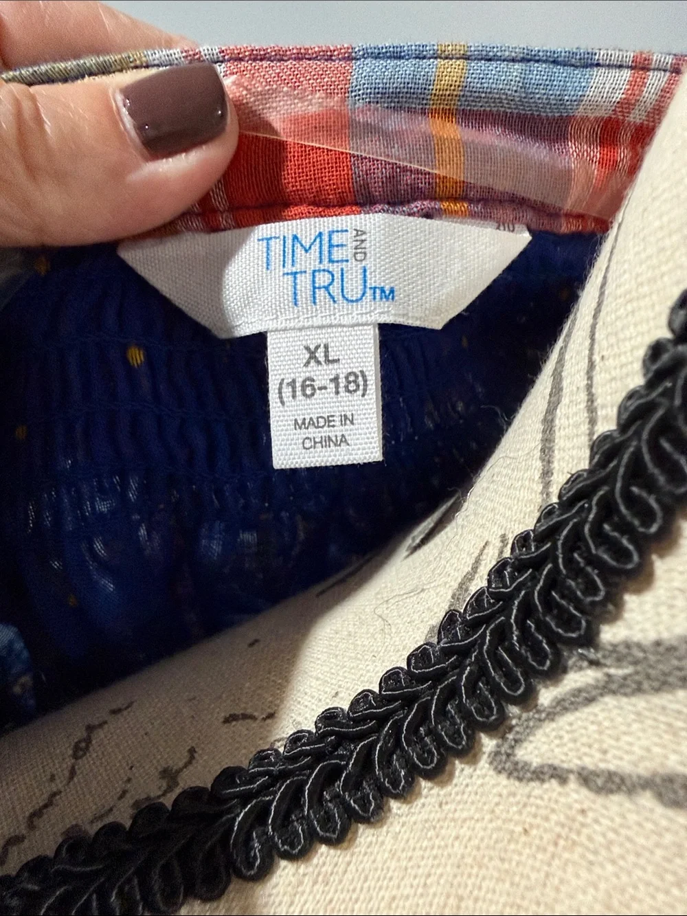 Time and Tru Red Blue Yellow Plaid Button-Front Tunic
